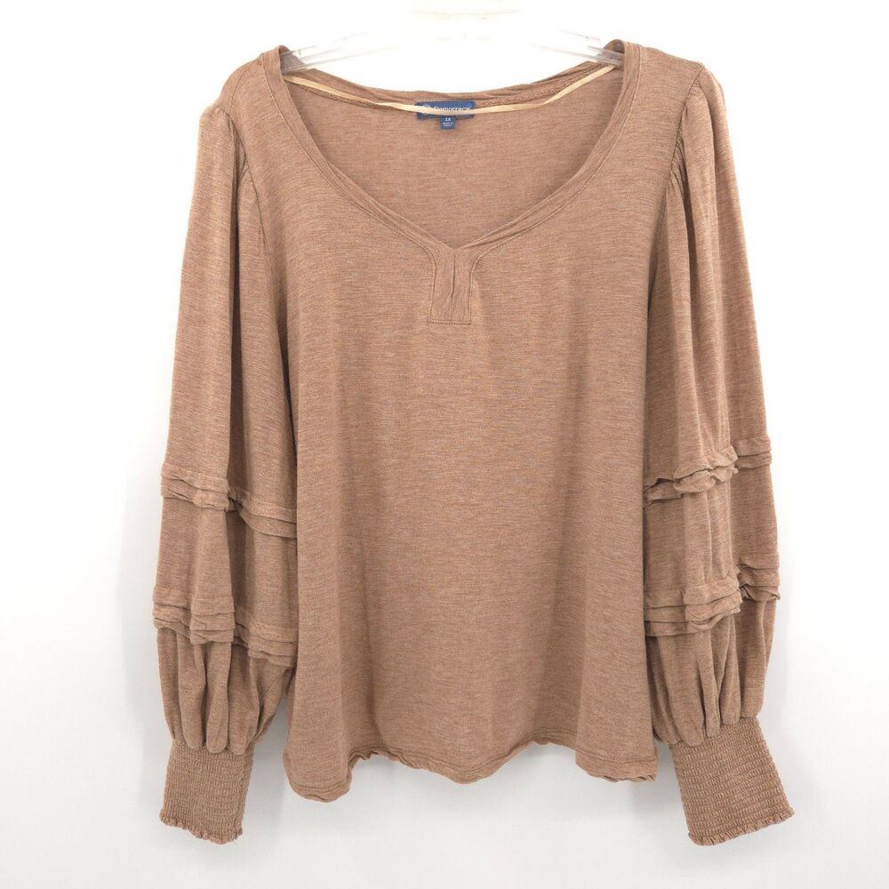 Democracy womens‎ long tuck puff sleeve top Size 1X brown soft knit